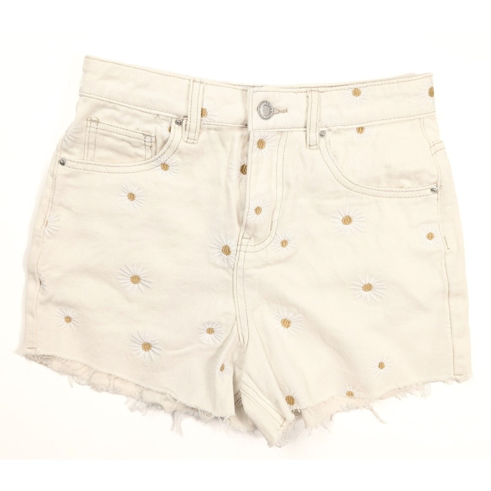 KHAKI & Blue High Rise Ivory Daisy Embroidered Raw Hem Shorts Women's Size 3/26 - Picture 1 of 6
